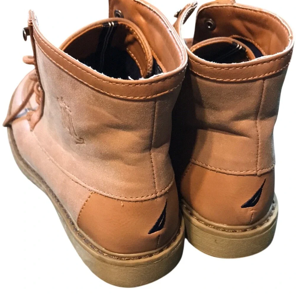 Nautica Kids Tan Lace Up Moc Toe Ankle Boots Faux Leather Suede‎ Size 4